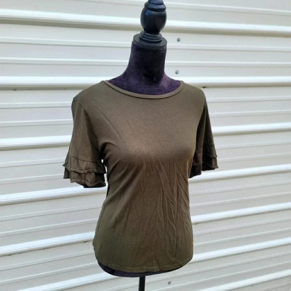 MICHAEL Michael Kors Womens Double Ruffle Sleeve Top Green Shirt L Large - Picture 1 of 7